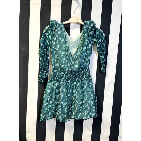 RACHEL ZOE Dolores Boat Neck Ruched Sleeve Chiffon Mini Dress Size XS $385 - Picture 3 of 11